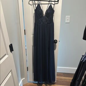 Elegant Navy Blue Lace Maxi Dress